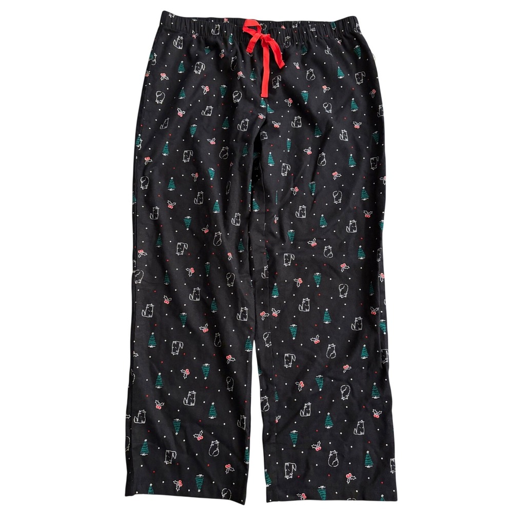 Jenni Intimates Holiday Kitty Pajama Pants Black Cotton Christmas XL Cat PJs